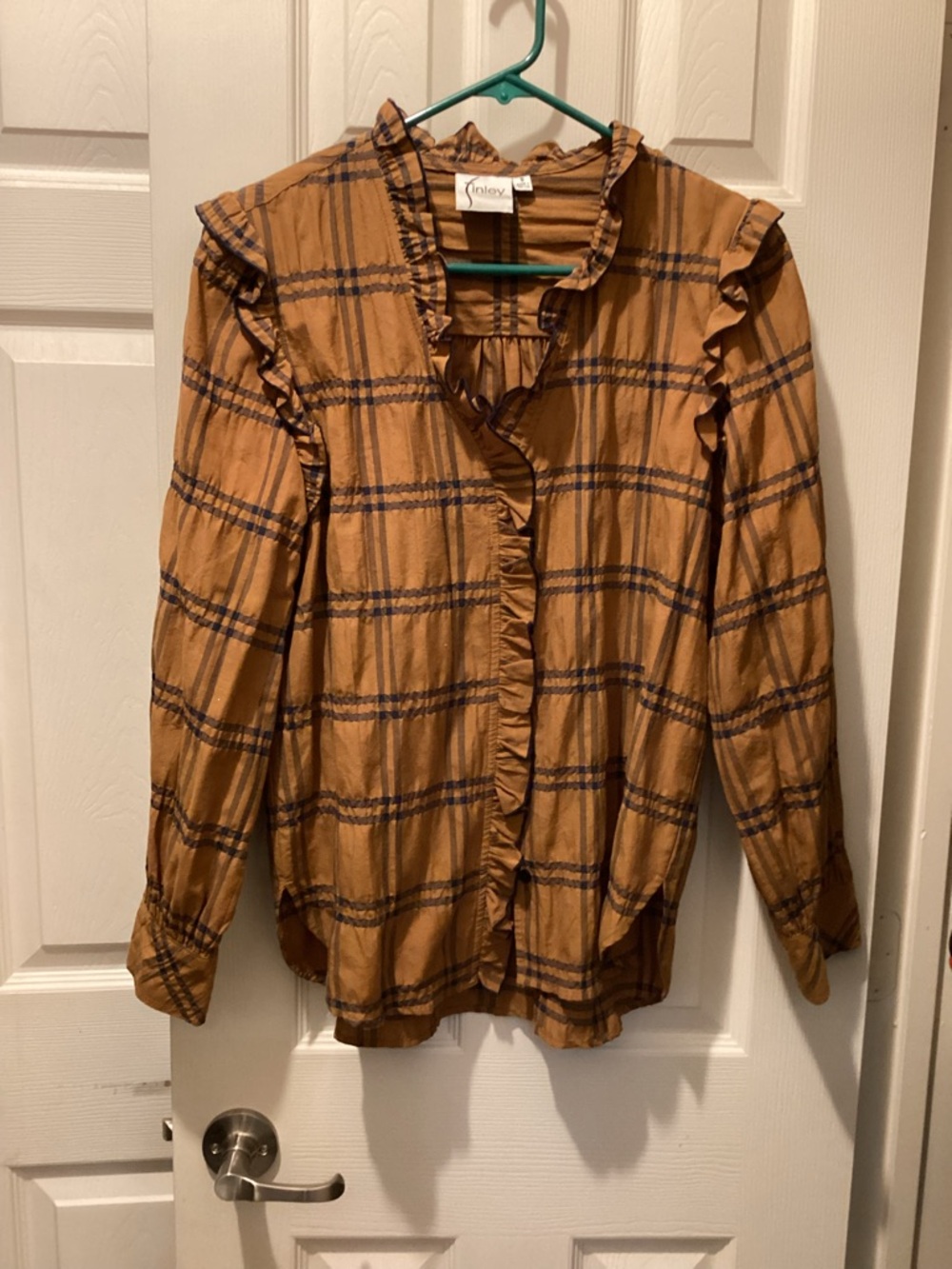 Finley Mustard Plaid Ruffle-Neck Blouse